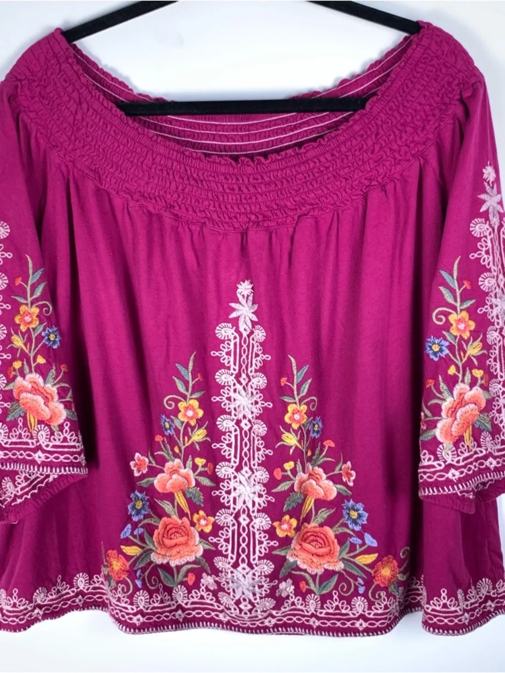 Johnny Was Oversized Off Shoulder Embroidered Boho Floral Peasant Top Cotton